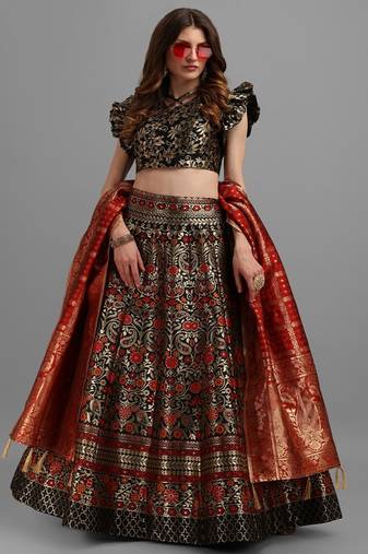 Black & Gold Woven Design Semi Stitched Lehenga & Unstitched Choli With Dupatta