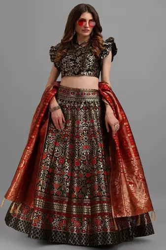 Black & Gold Woven Design Semi Stitched Lehenga & Unstitched Choli With Dupatta