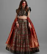 Black & Gold Woven Design Semi Stitched Lehenga & Unstitched Choli With Dupatta