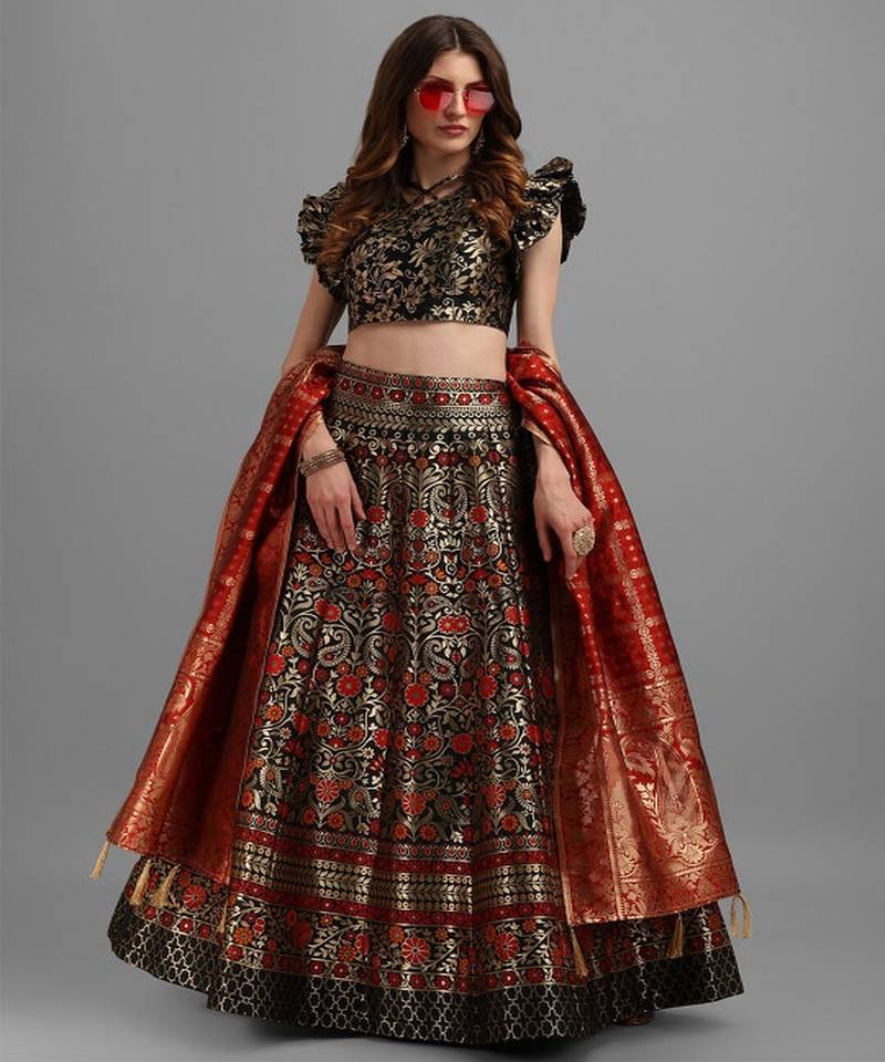 Black & Gold Woven Design Semi Stitched Lehenga & Unstitched Choli With Dupatta