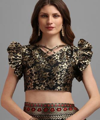 Black & Gold Woven Design Semi Stitched Lehenga & Unstitched Choli With Dupatta 2