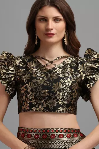Black & Gold Woven Design Semi Stitched Lehenga & Unstitched Choli With Dupatta