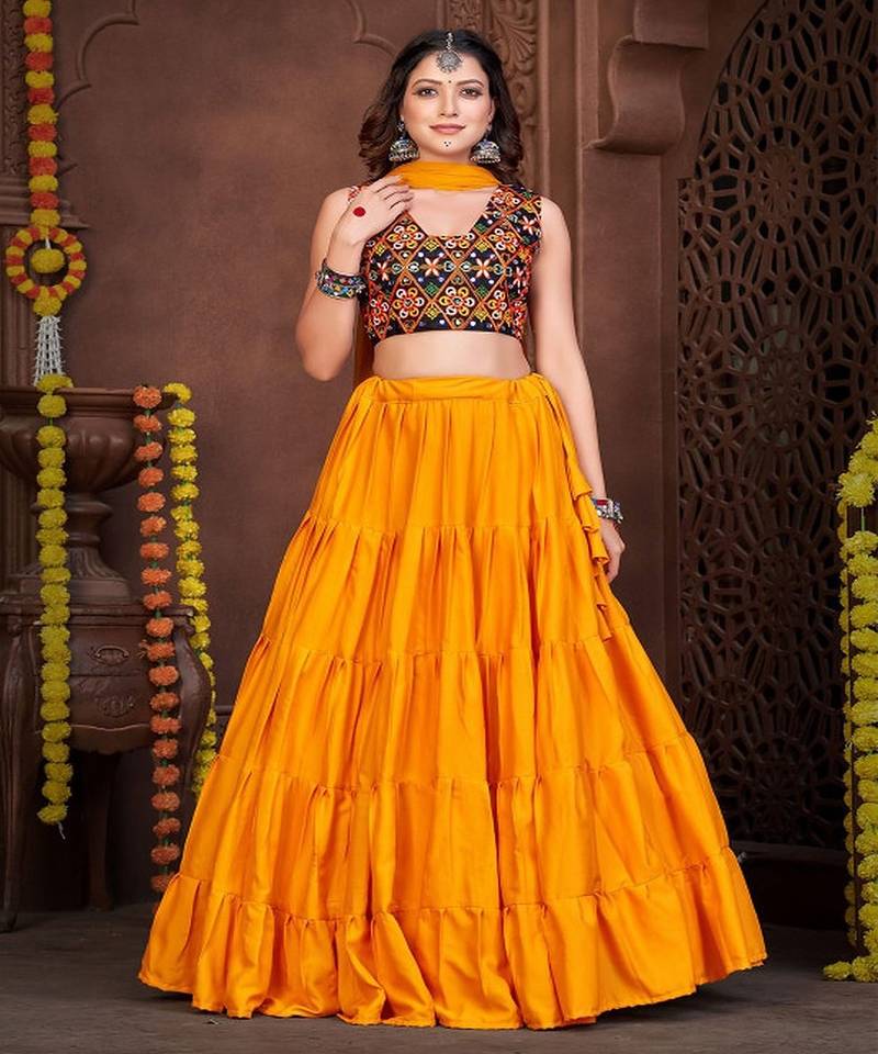 Embroidered Semi Stitched Lehenga & Unstitched Blouse With Dupatta