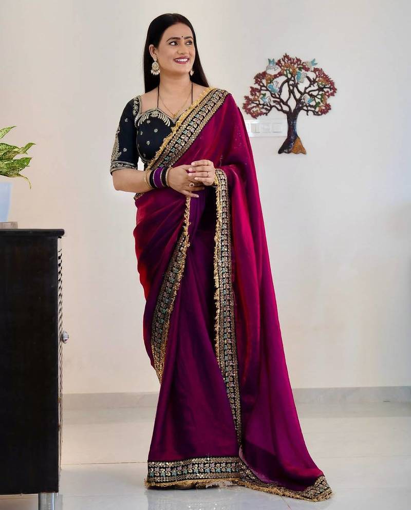 Wine Color Thread with jari dori And Sequins Work  Satin Silk Saree