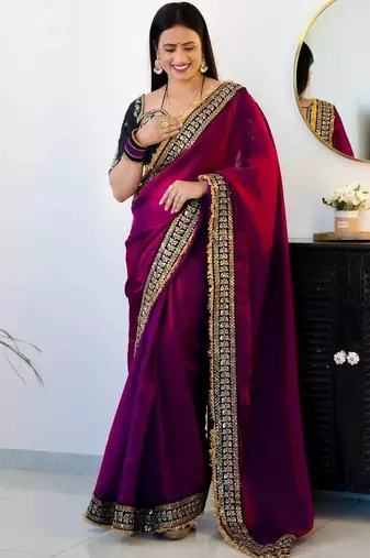 Wine Color Thread with jari dori And Sequins Work  Satin art silk saree