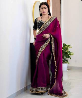 Wine Color Thread with jari dori And Sequins Work  Satin art silk saree 4
