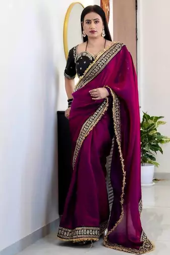 Wine Color Thread with jari dori And Sequins Work  Satin art silk saree