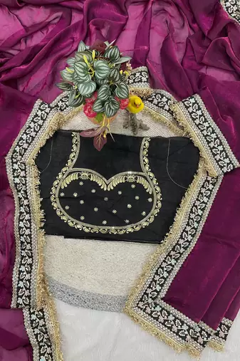 Wine Color Thread with jari dori And Sequins Work  Satin art silk saree