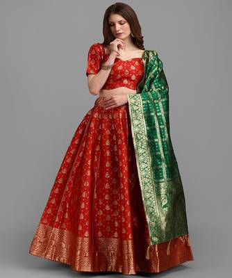 Red & Green Semi Stitched Lehenga & Unstitched Blouse With Dupatta 1