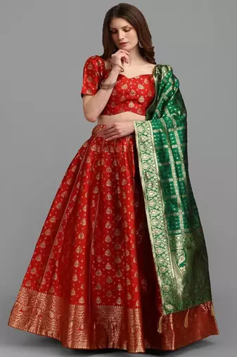 Red & Green Semi Stitched Lehenga & Unstitched Blouse With Dupatta