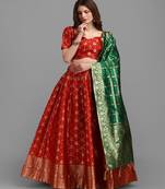 Red & Green Semi Stitched Lehenga & Unstitched Blouse With Dupatta
