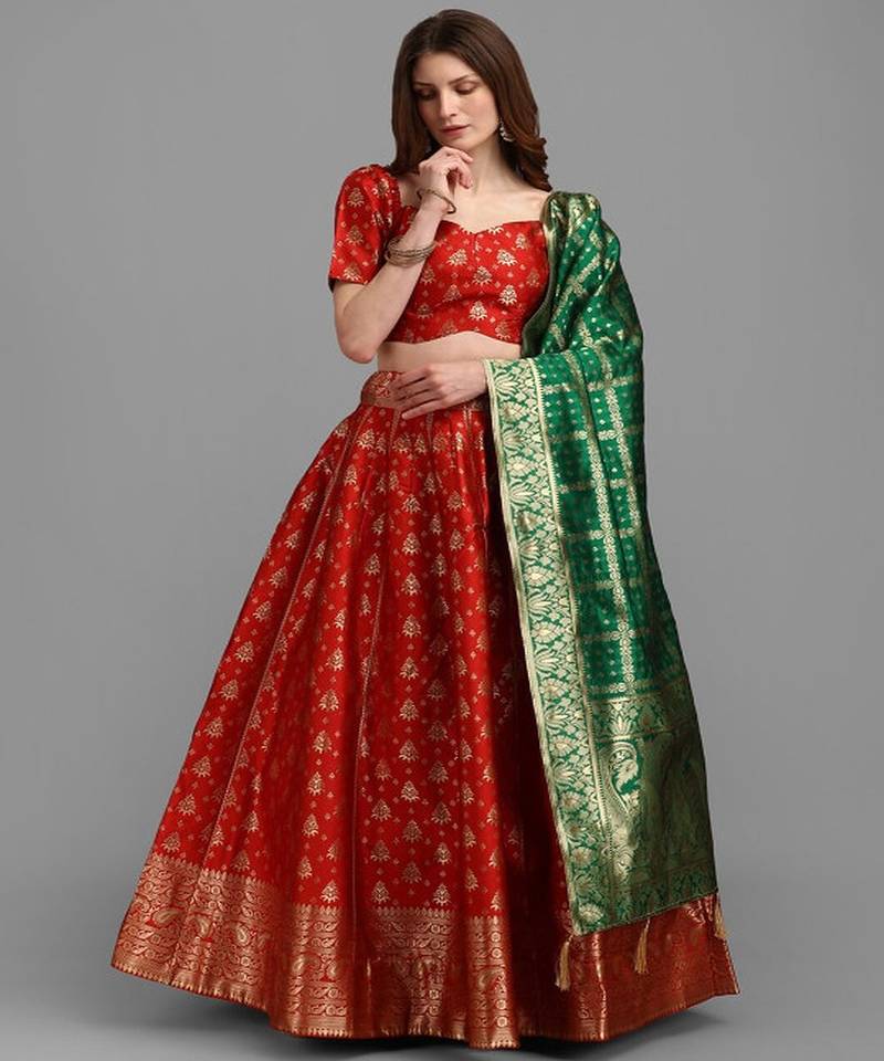 Red & Green Semi Stitched Lehenga & Unstitched Blouse With Dupatta