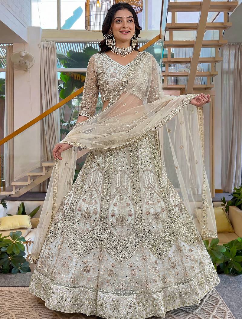 Gorgeous White Embroidered Net Party Wear Lehenga Choli With Dupatta
