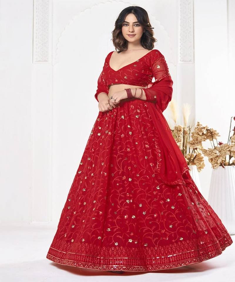 Embroidered Sequinned Semi Stitched Lehenga & Unstitched Blouse With Dupatta