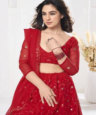 Embroidered Sequinned Semi Stitched Lehenga & Unstitched Blouse With Dupatta 2