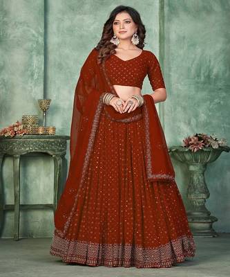 Embroidered Semi Stitched Poly Georgette Lehenga & Unstitched Blouse With Dupatta 1