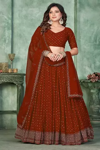 Embroidered Semi Stitched Poly Georgette Lehenga & Unstitched Blouse With Dupatta