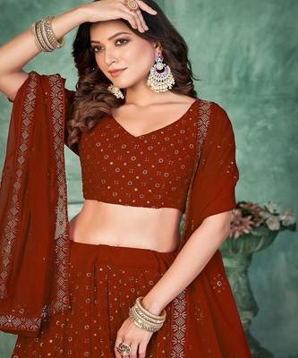 Embroidered Semi Stitched Poly Georgette Lehenga & Unstitched Blouse With Dupatta 2