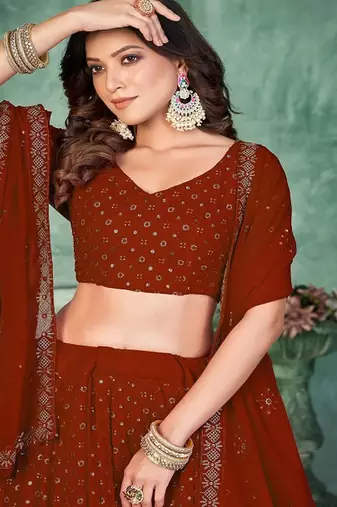 Embroidered Semi Stitched Poly Georgette Lehenga & Unstitched Blouse With Dupatta
