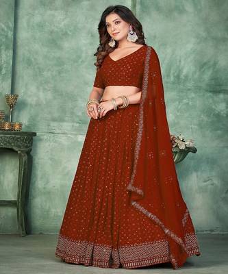 Embroidered Semi Stitched Poly Georgette Lehenga & Unstitched Blouse With Dupatta 3