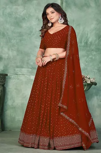 Embroidered Semi Stitched Poly Georgette Lehenga & Unstitched Blouse With Dupatta