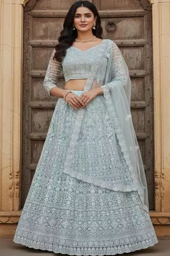 Embroidered Thread Work Semi Stitched Lehenga & Blouse With Dupatta