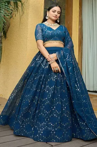 Embroidered Sequinned Semi Stitched Lehenga With Unstitched Blouse & Dupatta
