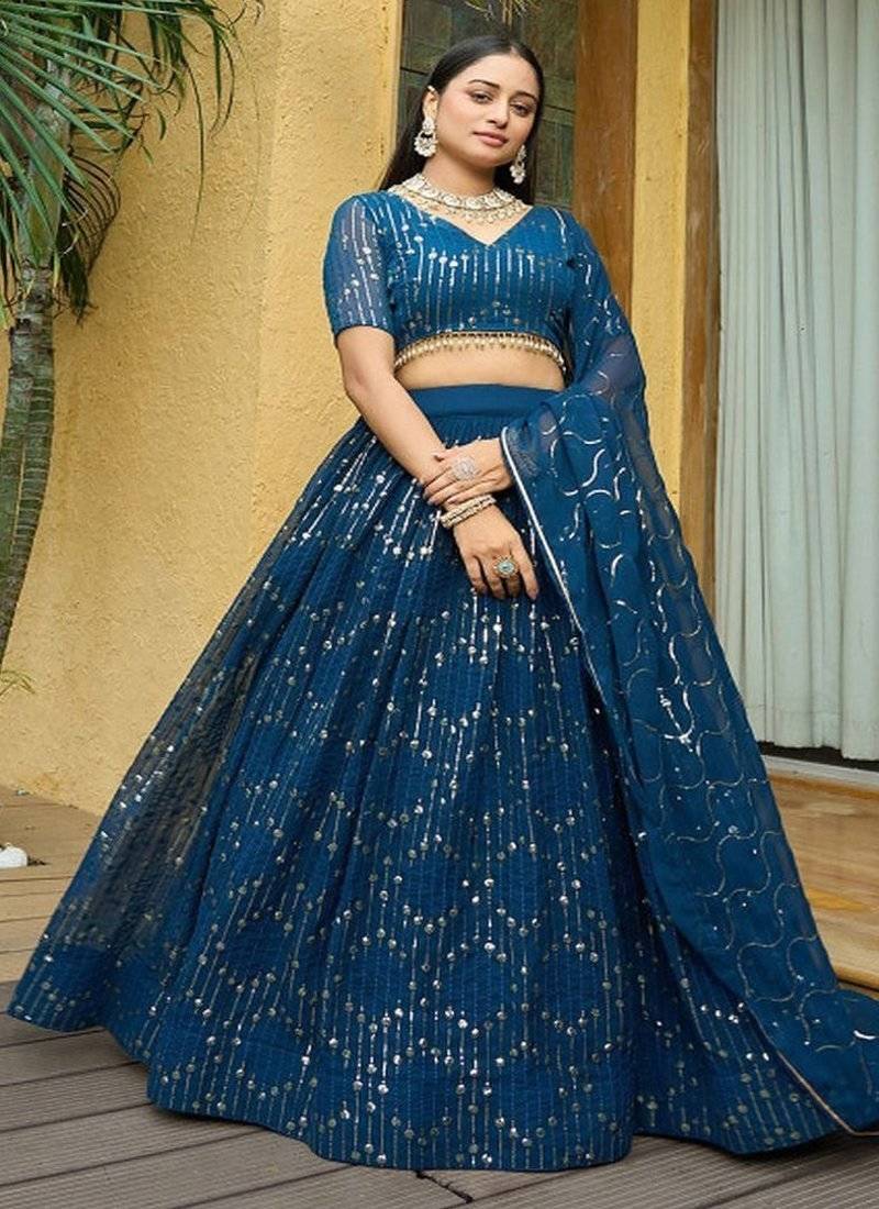 Embroidered Sequinned Semi Stitched Lehenga With Unstitched Blouse & Dupatta