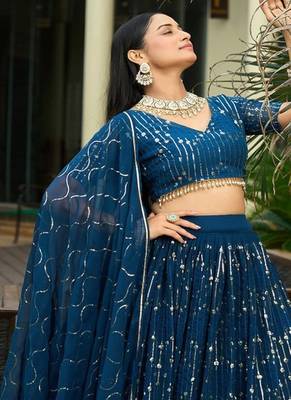 Embroidered Sequinned Semi Stitched Lehenga With Unstitched Blouse & Dupatta 2