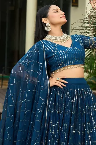 Embroidered Sequinned Semi Stitched Lehenga With Unstitched Blouse & Dupatta