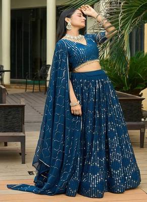 Embroidered Sequinned Semi Stitched Lehenga With Unstitched Blouse & Dupatta 3