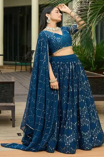 Embroidered Sequinned Semi Stitched Lehenga With Unstitched Blouse & Dupatta