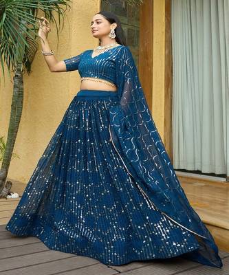 Embroidered Sequinned Semi Stitched Lehenga With Unstitched Blouse & Dupatta 4