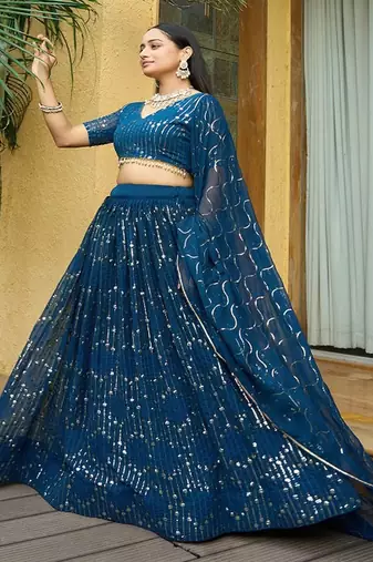Embroidered Sequinned Semi Stitched Lehenga With Unstitched Blouse & Dupatta