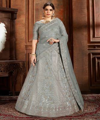 Embroidered Beads and Stones Soft Net Semi Stitched Lehenga & Blouse With Dupatta 1