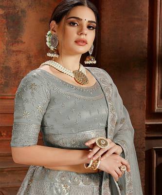 Embroidered Beads and Stones Soft Net Semi Stitched Lehenga & Blouse With Dupatta 2