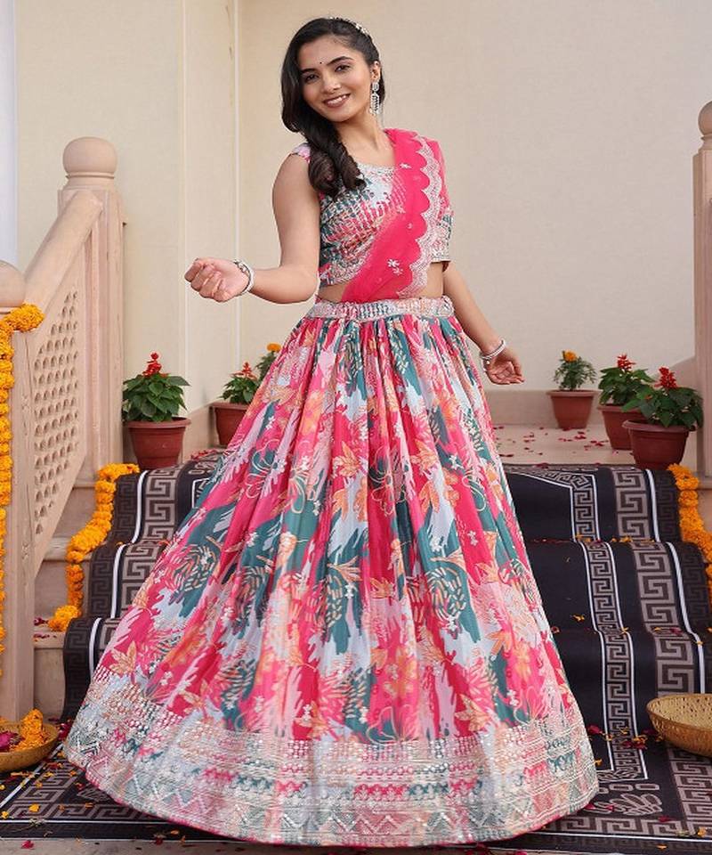 Embroidered Sequinned Semi Stitched Lehenga & Unstitched Blouse With Dupatta