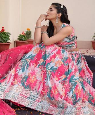Embroidered Sequinned Semi Stitched Lehenga & Unstitched Blouse With Dupatta 3