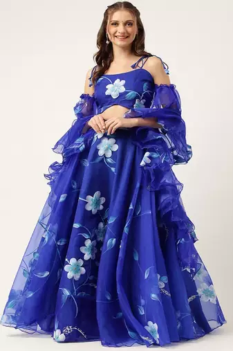 Floral Hand Paited Organza Ready to Wear Lehenga & Blouse With Friled Dupatta