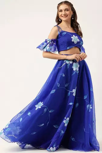 Floral Hand Paited Organza Ready to Wear Lehenga & Blouse With Friled Dupatta