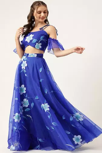 Floral Hand Paited Organza Ready to Wear Lehenga & Blouse With Friled Dupatta