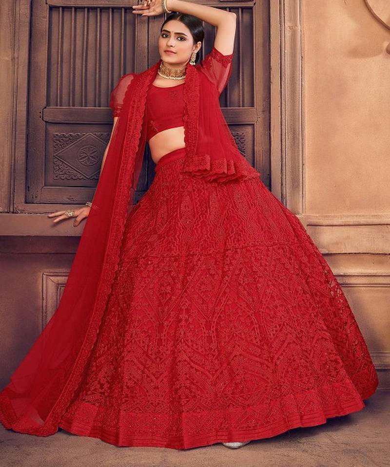 Embroidered Thread Work Semi Stitched Lehenga & Unstitched Blouse With Dupatta