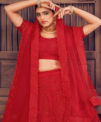 Embroidered Thread Work Semi Stitched Lehenga & Unstitched Blouse With Dupatta 2