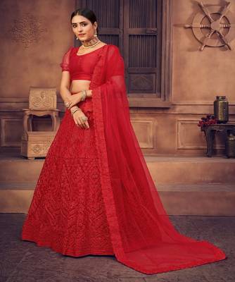 Embroidered Thread Work Semi Stitched Lehenga & Unstitched Blouse With Dupatta 3