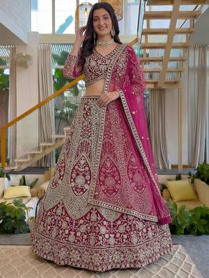 Shiny Pink Codding Embroidery Net Engagement Wear Lehenga With Blouse 1