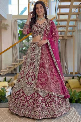 Shiny Pink Codding Embroidery Net Engagement Wear Lehenga With Blouse