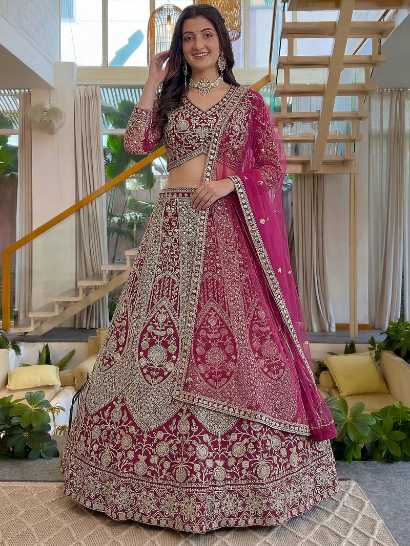 Shiny Pink Codding Embroidery Net Engagement Wear Lehenga With Blouse