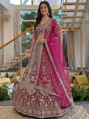 Shiny Pink Codding Embroidery Net Engagement Wear Lehenga With Blouse 2