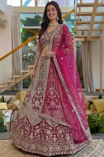 Shiny Pink Codding Embroidery Net Engagement Wear Lehenga With Blouse