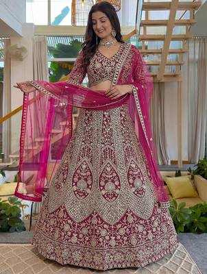 Shiny Pink Codding Embroidery Net Engagement Wear Lehenga With Blouse 3